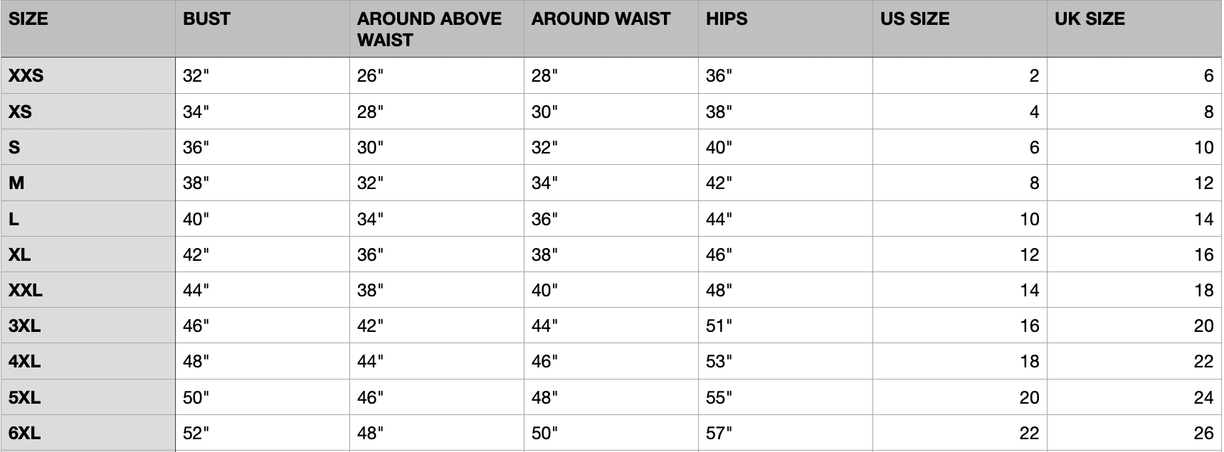 Women's Clothing Size Guide